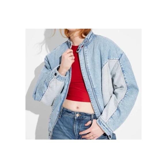 Wild Fable Women's Heavyweight Denim Oversized Bomber Jacket Size Small Blue - Picture 2 of 4